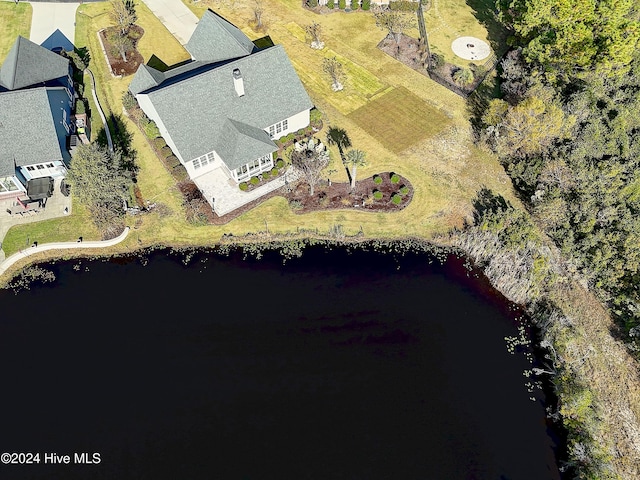 birds eye view of property featuring a water view