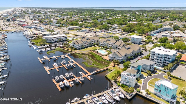 drone / aerial view with a water view