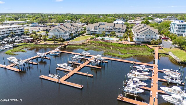 bird's eye view with a water view