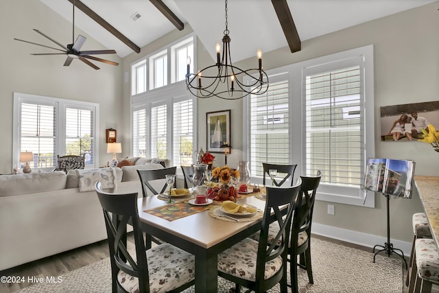 dining room featuring baseboards, visible vents, wood finished floors, beamed ceiling, and high vaulted ceiling