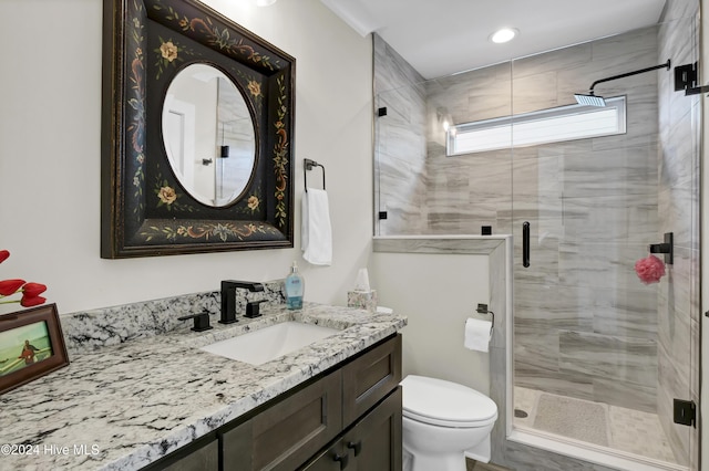 full bathroom with toilet, a stall shower, vanity, and recessed lighting