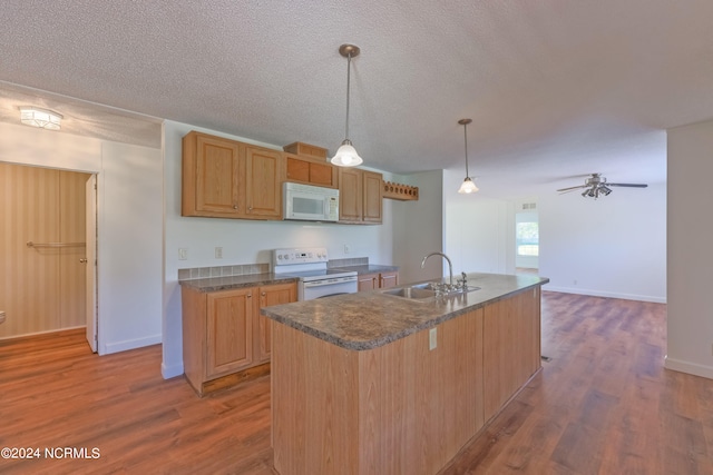 kitchen with sink, hardwood / wood-style floors, decorative light fixtures, and white appliances