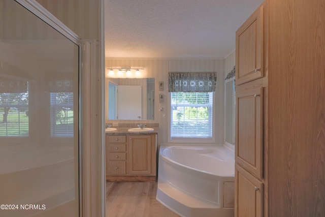 bathroom with vanity, a textured ceiling, hardwood / wood-style floors, and plus walk in shower