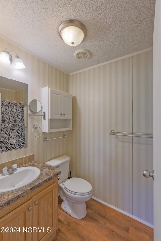 bathroom featuring toilet, hardwood / wood-style floors, a shower with shower curtain, vanity, and a textured ceiling