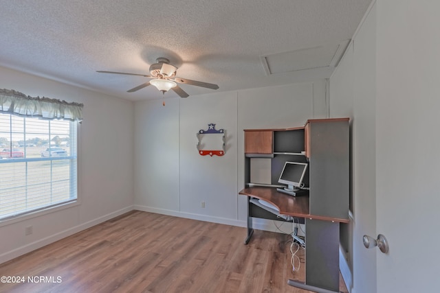 unfurnished office featuring light hardwood / wood-style floors, a textured ceiling, and ceiling fan