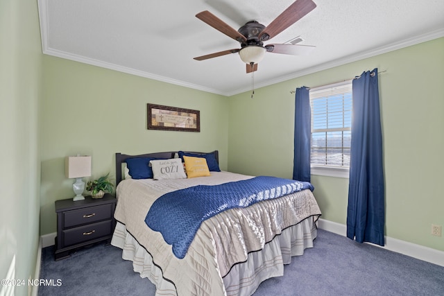 bedroom featuring ceiling fan, dark carpet, and crown molding