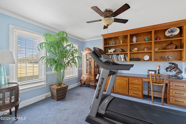 workout area with light carpet, a textured ceiling, ceiling fan, and crown molding