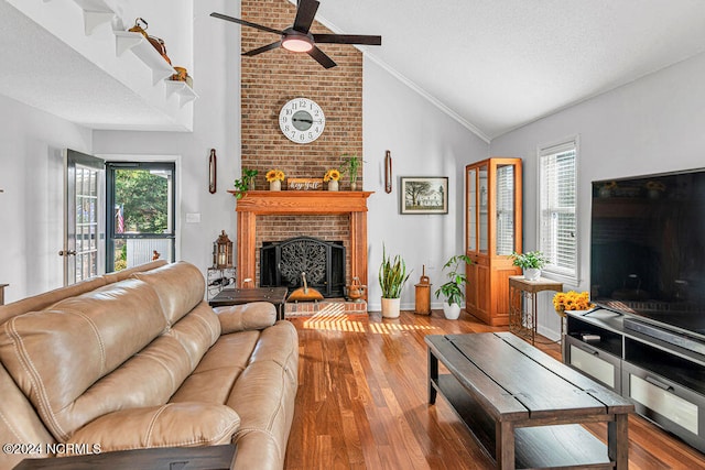 living room with a wealth of natural light, hardwood / wood-style floors, vaulted ceiling, and a fireplace