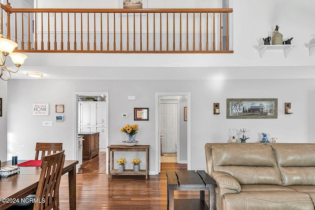 living room with a towering ceiling and dark hardwood / wood-style flooring