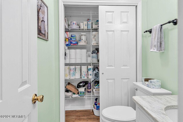 bathroom featuring vanity, toilet, and hardwood / wood-style floors