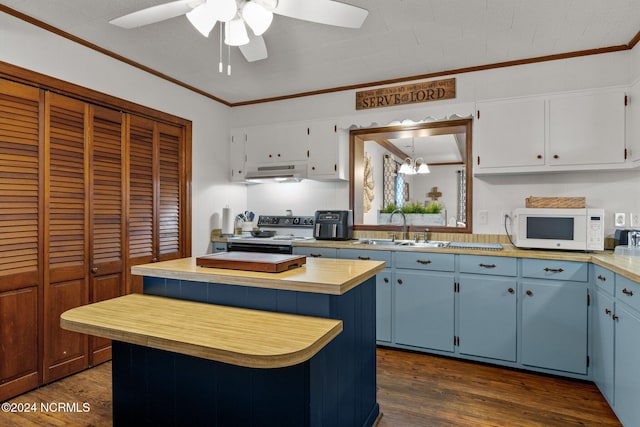 kitchen with sink, a center island, crown molding, range with electric stovetop, and dark hardwood / wood-style floors