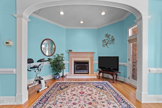 living room featuring a high end fireplace, ornamental molding, and wood finished floors