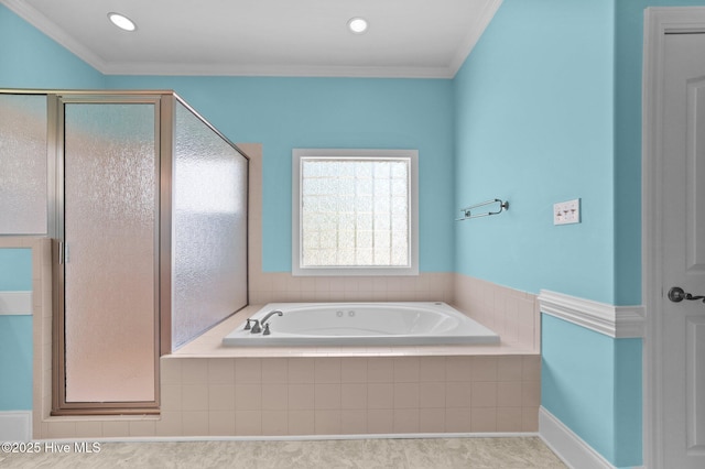 bathroom featuring a garden tub, recessed lighting, a shower stall, and ornamental molding