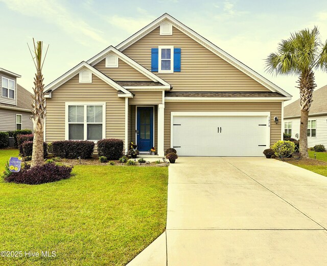 view of front facade featuring a garage, a residential view, concrete driveway, and a front yard