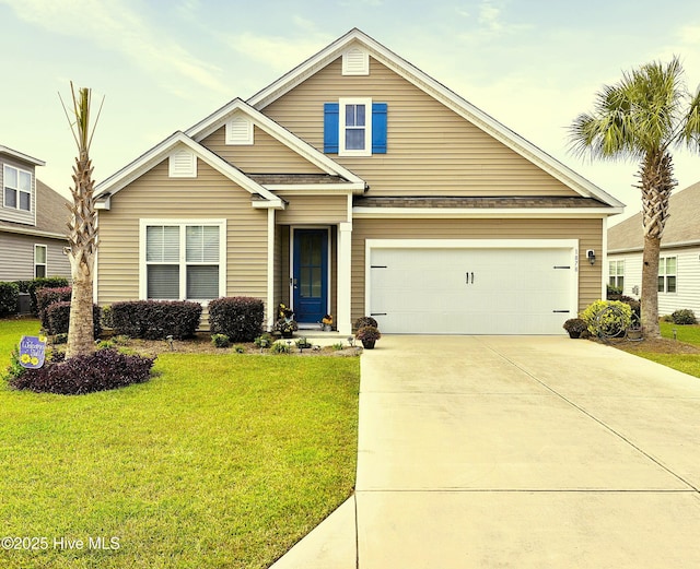 view of front facade with a garage, concrete driveway, and a front lawn