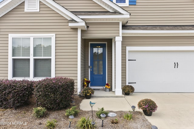 doorway to property featuring driveway and roof with shingles