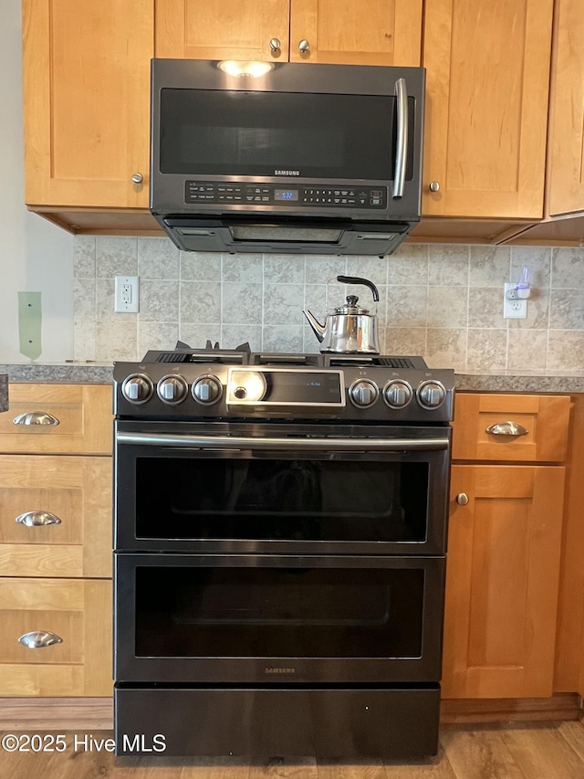 kitchen featuring decorative backsplash, light wood-type flooring, and stainless steel appliances