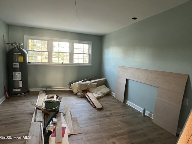 interior space featuring electric water heater and dark wood-type flooring