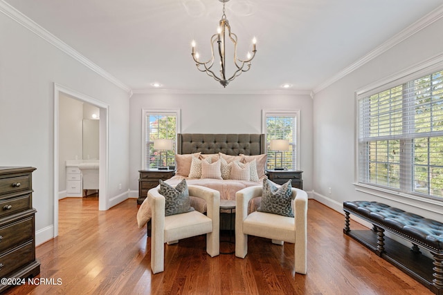 bedroom with crown molding, wood-type flooring, and a chandelier