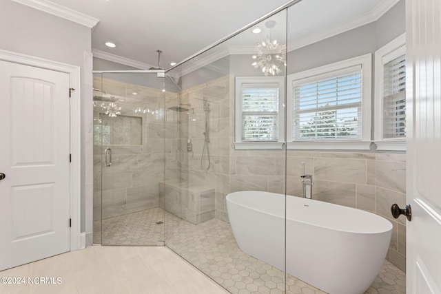 bathroom featuring vanity, hardwood / wood-style floors, crown molding, and walk in shower