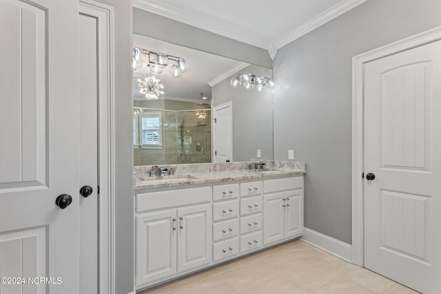 bathroom with ornamental molding, plus walk in shower, vanity, and tile walls