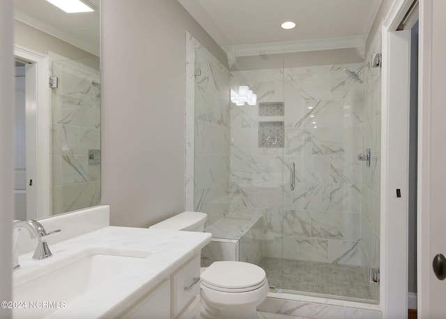 bathroom with walk in shower, ornamental molding, vanity, and toilet