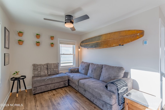 living room with hardwood / wood-style floors and ceiling fan