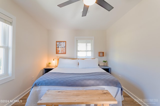 bedroom featuring ceiling fan and dark hardwood / wood-style floors