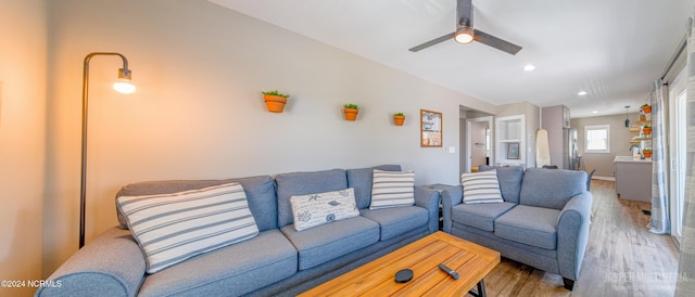 living room featuring ceiling fan and hardwood / wood-style floors