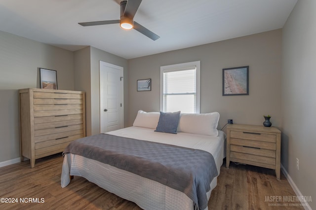 bedroom featuring dark hardwood / wood-style floors and ceiling fan