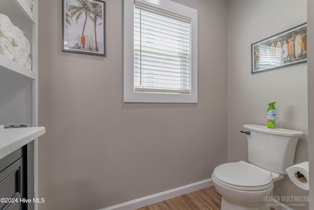 bathroom with vanity, hardwood / wood-style flooring, and toilet