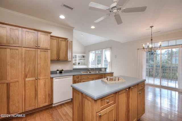 kitchen with white dishwasher, light wood-type flooring, vaulted ceiling, pendant lighting, and a center island