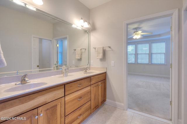 bathroom featuring vanity, ceiling fan, and tile patterned flooring