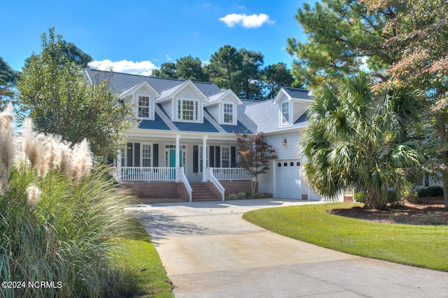 cape cod-style house with a porch, a front lawn, and a garage