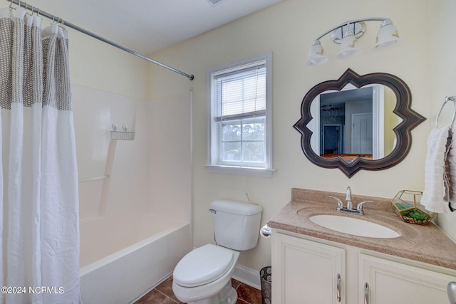 full bathroom featuring toilet, shower / tub combo with curtain, vanity, and tile patterned floors