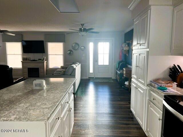 kitchen featuring white cabinets, ceiling fan, dark hardwood / wood-style floors, and ornamental molding