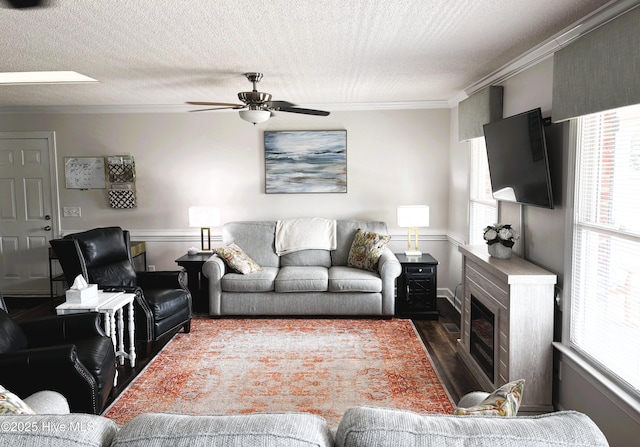 117 Buds Ln, Cedar Point, NC 28584 - living room with crown molding, dark wood-style flooring, ceiling fan, a textured ceiling, and a glass covered fireplace