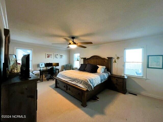 bedroom featuring ceiling fan, crown molding, light colored carpet, and a textured ceiling