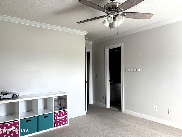 117 Buds Ln, Cedar Point, NC 28584 - unfurnished bedroom with crown molding, carpet, a textured ceiling, a ceiling fan, and ensuite bath
