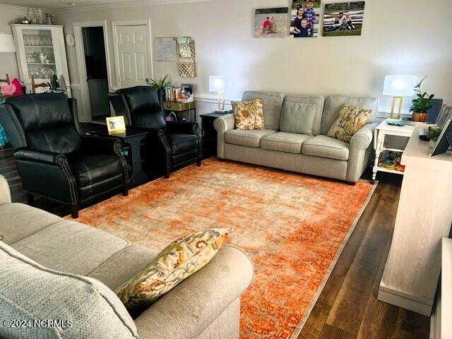 living room featuring dark hardwood / wood-style flooring and crown molding