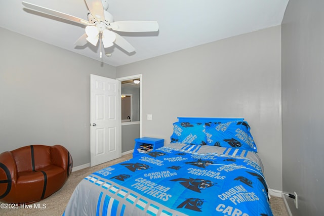 bedroom with ceiling fan and carpet flooring