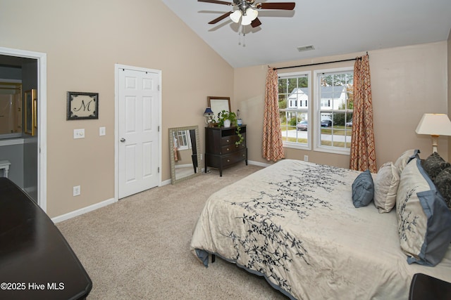 carpeted bedroom featuring high vaulted ceiling and ceiling fan