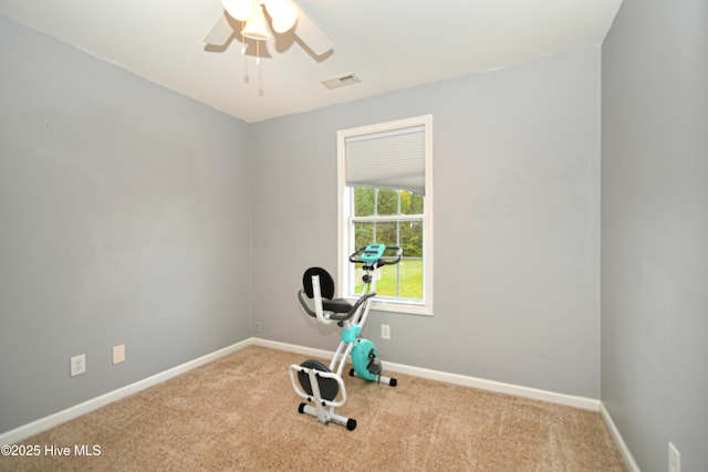 exercise room featuring ceiling fan and light carpet