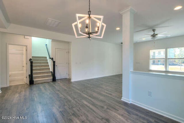 interior space featuring dark wood-type flooring and ceiling fan