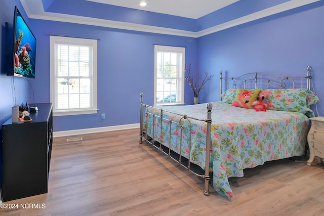 bedroom featuring hardwood / wood-style floors and a raised ceiling