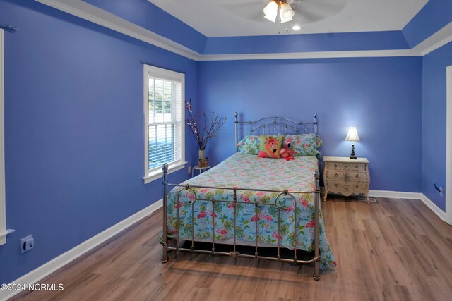 bedroom featuring hardwood / wood-style floors, a raised ceiling, and ceiling fan