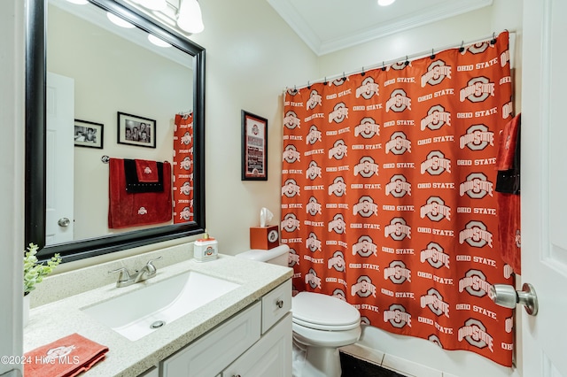 full bathroom featuring vanity, shower / bath combo, toilet, and crown molding