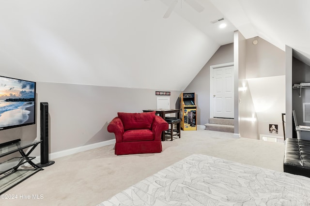 bedroom featuring light carpet, ceiling fan, and lofted ceiling