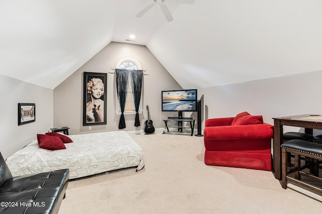 bedroom with carpet, ceiling fan, and lofted ceiling