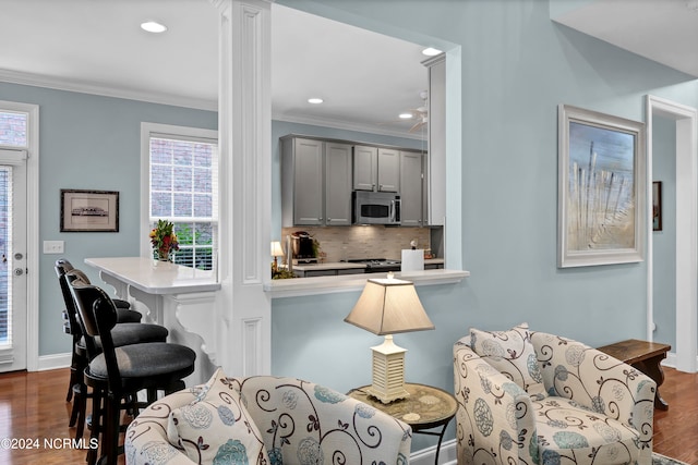 kitchen featuring gray cabinets, kitchen peninsula, stainless steel appliances, and dark wood-type flooring